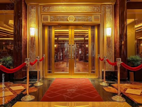 Elegant casino entrance with golden doors and art deco designs