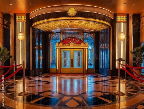 Elegant casino entrance with golden doors and art deco designs