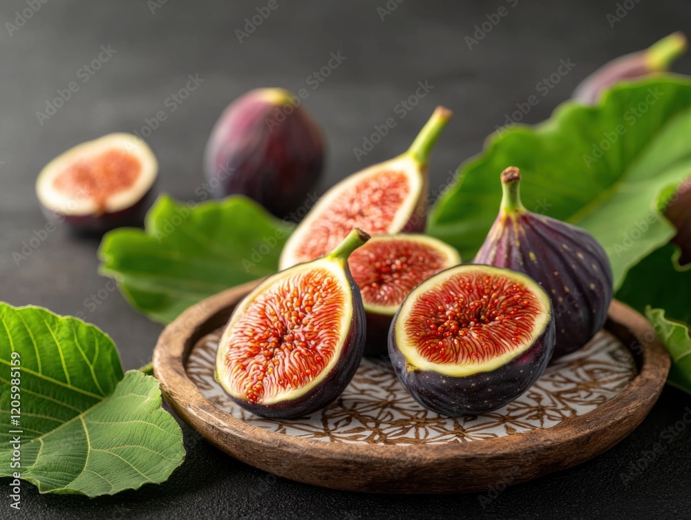 Freshly Cut Figs on Rustic Plate with Green Leaves Freshly Cut Figs on Rustic Plate with Green Leaves