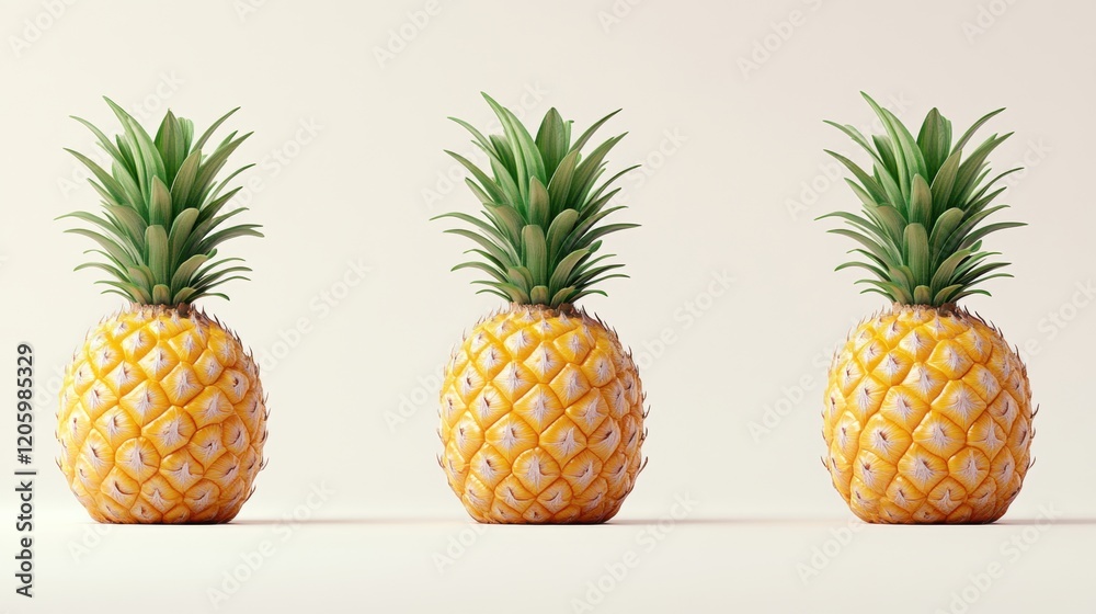 Three Fresh Pineapples on a Simple Background for Tropical Vibes Three Fresh Pineapples on a Simple Background for Tropical Vibes