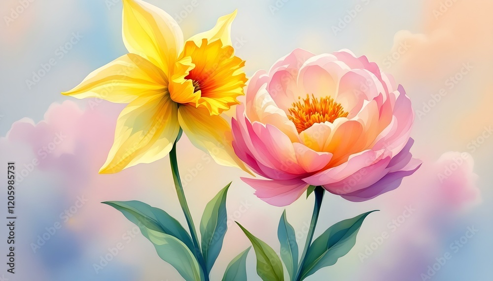 Fototapeta premium A stunning watercolor floral design featuring an array of blooming flowers, perfect for invitations, decor, or botanical themes.