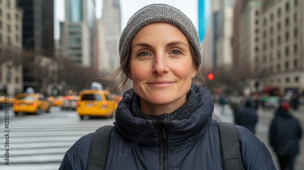 Smiling Woman in Urban Setting with Taxi Cabs in Background Smiling Woman in Urban Setting with Taxi Cabs in Background