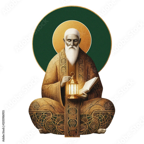 PNG transparent illustration of an elderly monk sitting cross-legged, holding a glowing lantern and an open book. Perfect for spiritual projects, and design collections. 