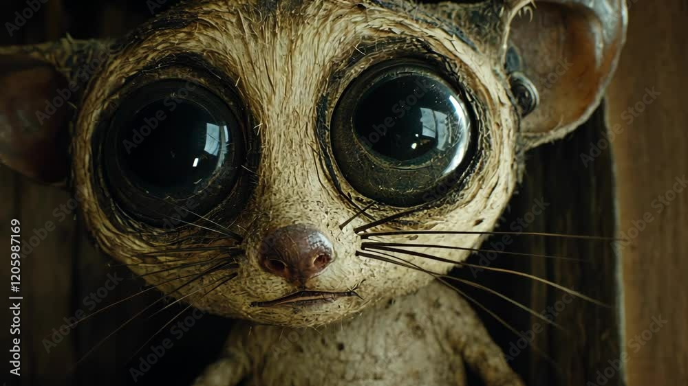 Unique anthropomorphic character with large eyes in a dark wooden setting exuding a whimsical charm and curiosity Unique anthropomorphic character with large eyes in a dark wooden setting exuding a whimsical charm and curiosity