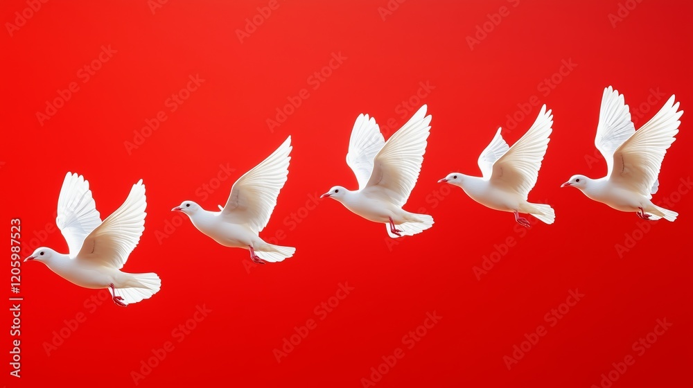 Fototapeta premium White birds flying peacefully in the sky n a red background.