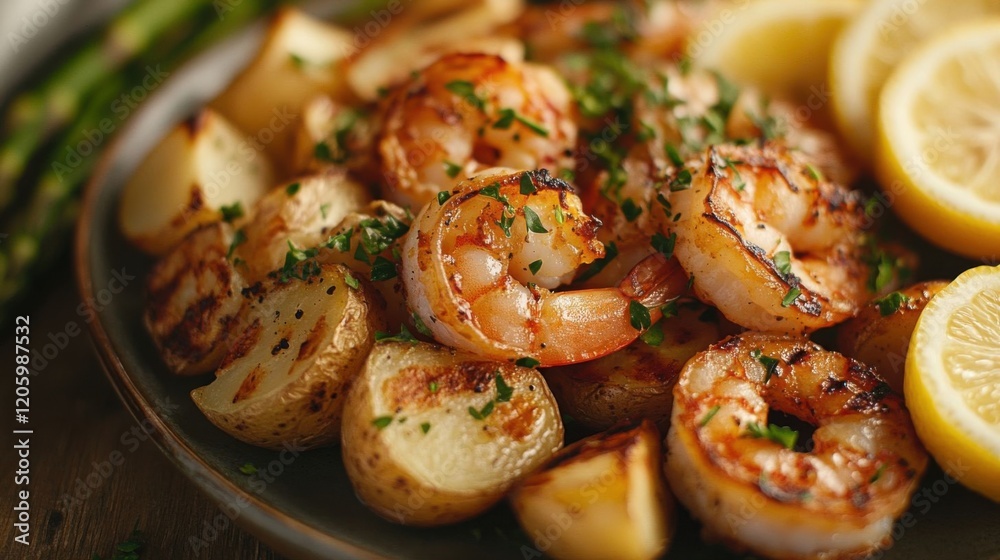 Colorful grilled shrimp and potatoes Colorful grilled shrimp and potatoes