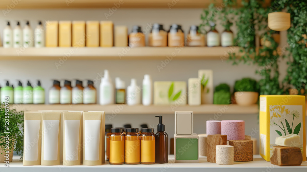 Organic products display on retail shelf with natural skincare and eco-friendly packaging Organic products display on retail shelf with natural skincare and eco-friendly packaging