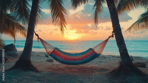 Colorful hammock swaying at sunset. photo