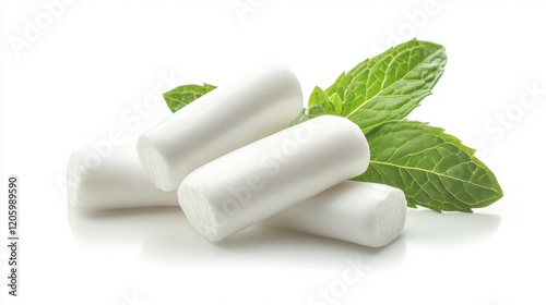 Fresh Mint Leaves and Chewing Gum Sticks on Bright Background photo