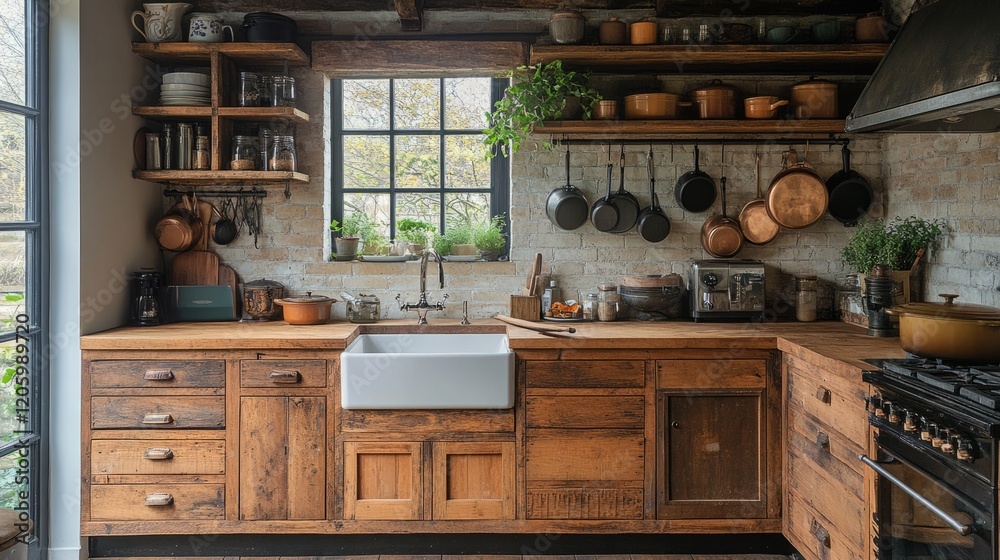 Fototapeta premium Rustic kitchen decor with wooden cabinets, hanging pots, and a farmhouse sink 
