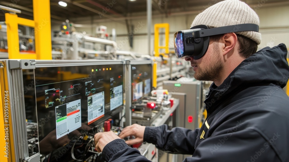 Engineer wearing a virtual reality headset is working on a control panel in a modern factory, showcasing the integration of vr technology in manufacturing processes Engineer wearing a virtual reality headset is working on a control panel in a modern factory, showcasing the integration of vr technology in manufacturing processes