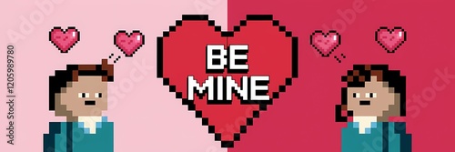 A creative minimalist Valentine's Day poster design with a pixel theme. The poster has a heart with the text 