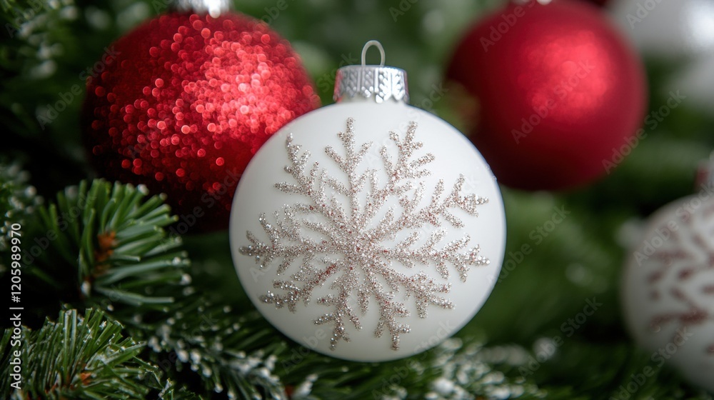 Festive Christmas Ornament with Snowflake Design on Green Fir Tree Festive Christmas Ornament with Snowflake Design on Green Fir Tree