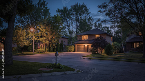 Suburban Neighborhood During Power Outage Illuminated by Streetlight
