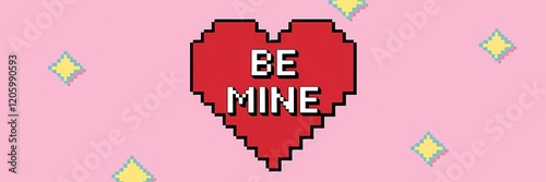 A creative minimalist Valentine's Day poster design with a pixel theme. There's a red heart with a white border. The text 