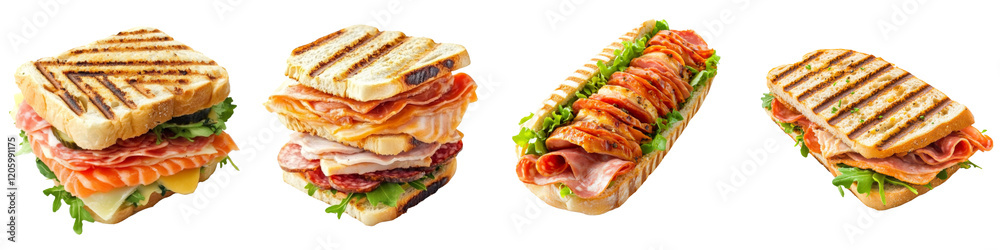 Collection of panini sandwiches: salmon, ham, chicken, and salami isolated on transparent or white background. Tasty and fast food concept Collection of panini sandwiches: salmon, ham, chicken, and salami isolated on transparent or white background. Tasty and fast food concept