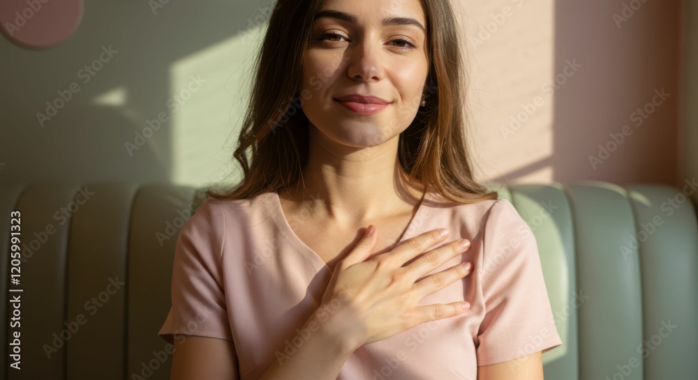 Confident young caucasian female sitting in bright room with hand on heart Confident young caucasian female sitting in bright room with hand on heart