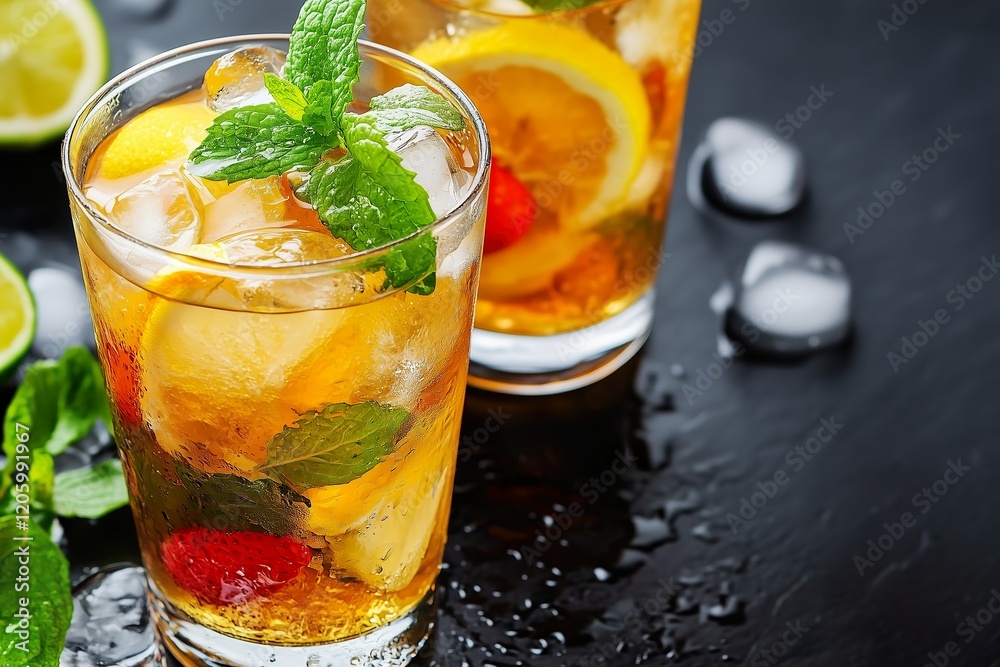Refreshing iced tea with citrus and mint on a dark background Refreshing iced tea with citrus and mint on a dark background