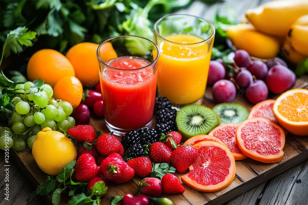 Fresh fruit and juice display on wooden board with vibrant colors Fresh fruit and juice display on wooden board with vibrant colors