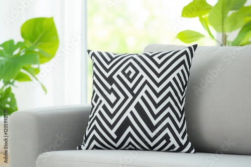 Modern living room with black and white geometric zebra print throw pillow. photo