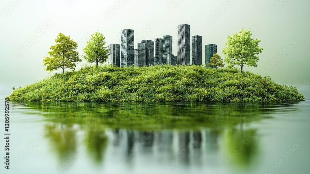 Fototapeta premium A green island with modern skyscrapers surrounded by water, symbolizing sustainable urban living.