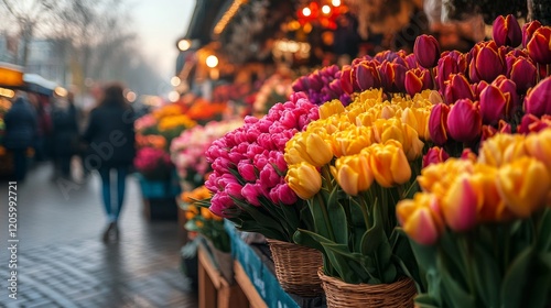 Colorful tulip market with vibrant yellow, pink, and red tulips under warm sunlight, showcasing spring celebrations and floral trade

