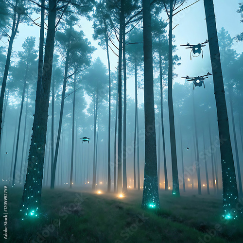 Luminous Forest with Glowing Trees and Drones photo