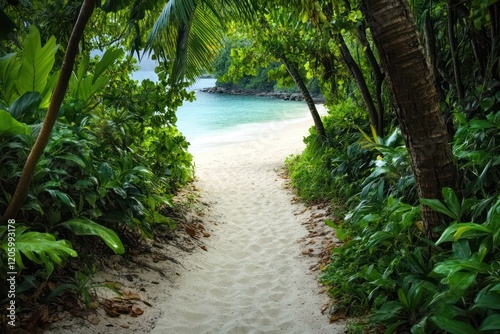 A sandy path through dense jungle leading to a hidden beach, the path surrounded by towering trees and vibrant tropical plants.