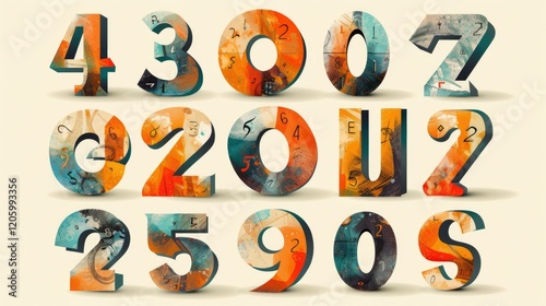 A colorful arrangement of abstract numbers and letters in a creative design.
