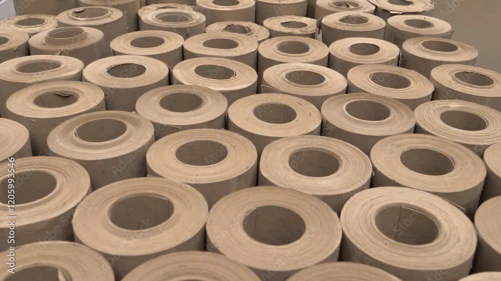 Vertical rolls of kraft paper stand in production for shipment to the store_Close-up shot Large quantities of unprocessed paper rolls are arranged neatly in rows at a manufacturing facility. This foot