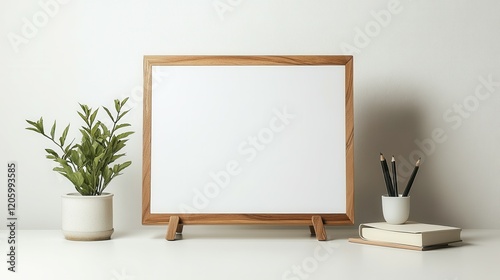 Minimalist wooden frame whiteboard on desk with books and plant for office decor.