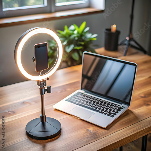 Content creator desk setup ring light laptop home studio