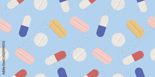 Seamless background with pills and capsules. Medical seamless pattern. Prescription drugs patterned design for print, card, brochure, wallpaper, web banner.