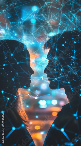 Shadowy human figures interconnected by glowing digital network lines, symbolizing virtual romantic connections and social media engagement