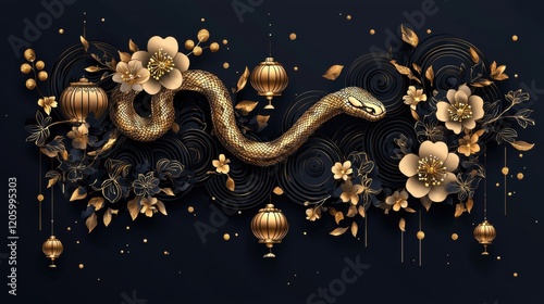 Elegant and Creative Snake Design Entwined with Blossoms and Lanterns in a Sophisticated Background