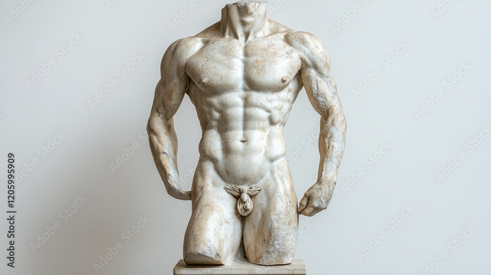A headless marble statue of a muscular male figure, showcasing classical sculptural artistry. A headless marble statue of a muscular male figure, showcasing classical sculptural artistry.