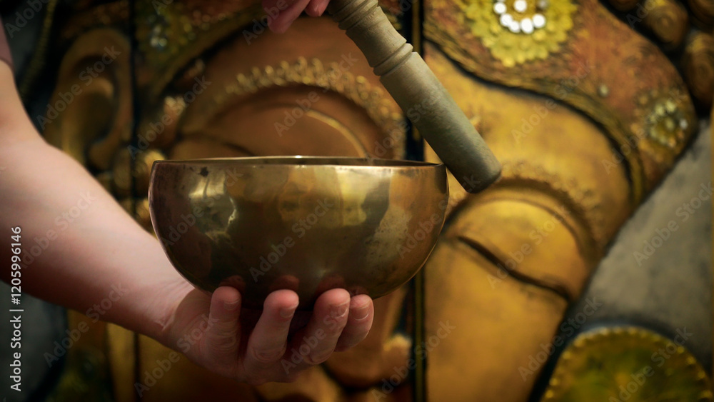 Hands playing tibetan singing bowl in front of buddha statue