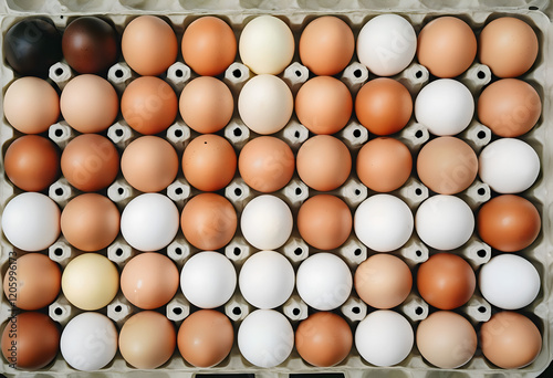 Background. There are a lot of chicken eggs in the tray