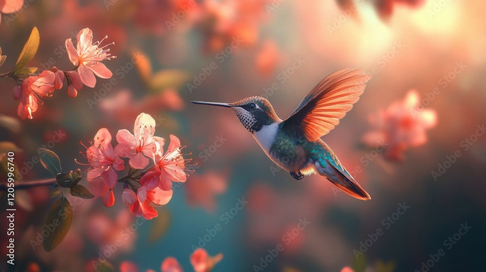 Fototapeta premium Hummingbird hovering near flowers.