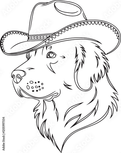 Golden Retriever in Cowboy Hat Line Art silhouette Illustration for Coloring | Line art drawing of a golden retriever dog wearing a cowboy hat, perfect for coloring books or creative projects.