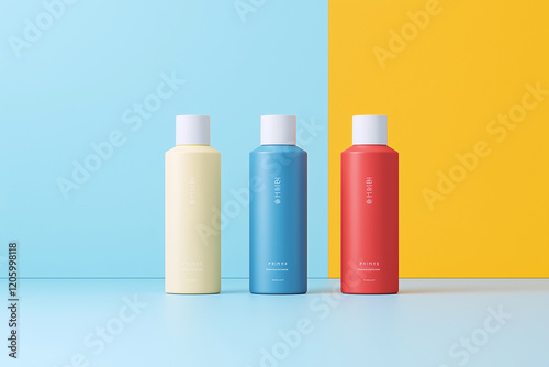 Four bottles of shampoo in different colors