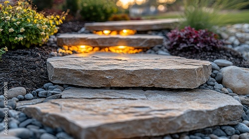 Lit stone steps in a garden at sunset with landscaping