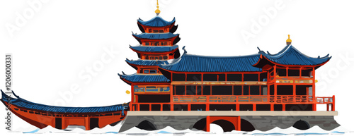 Traditional Asian Pagoda-Style Architecture on Water Vector illustration photo