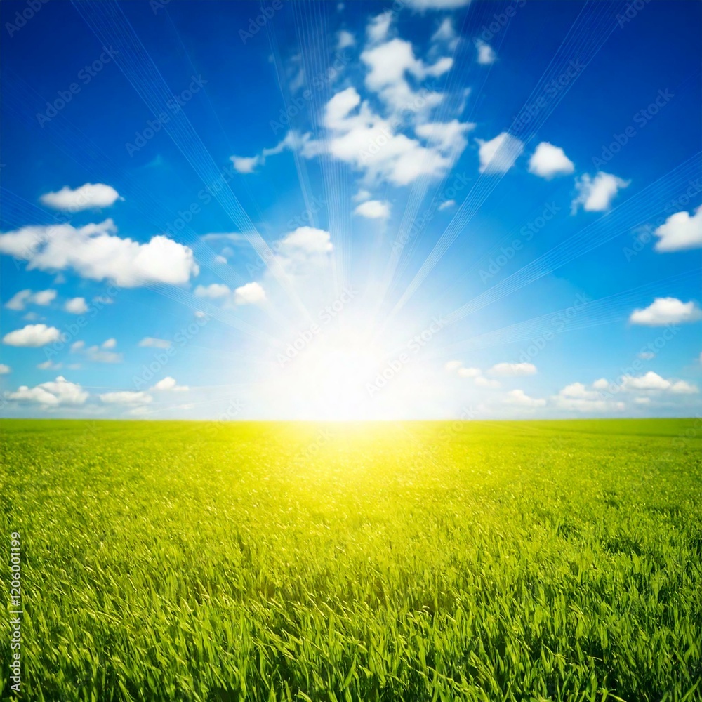 green field and blue sunny sky