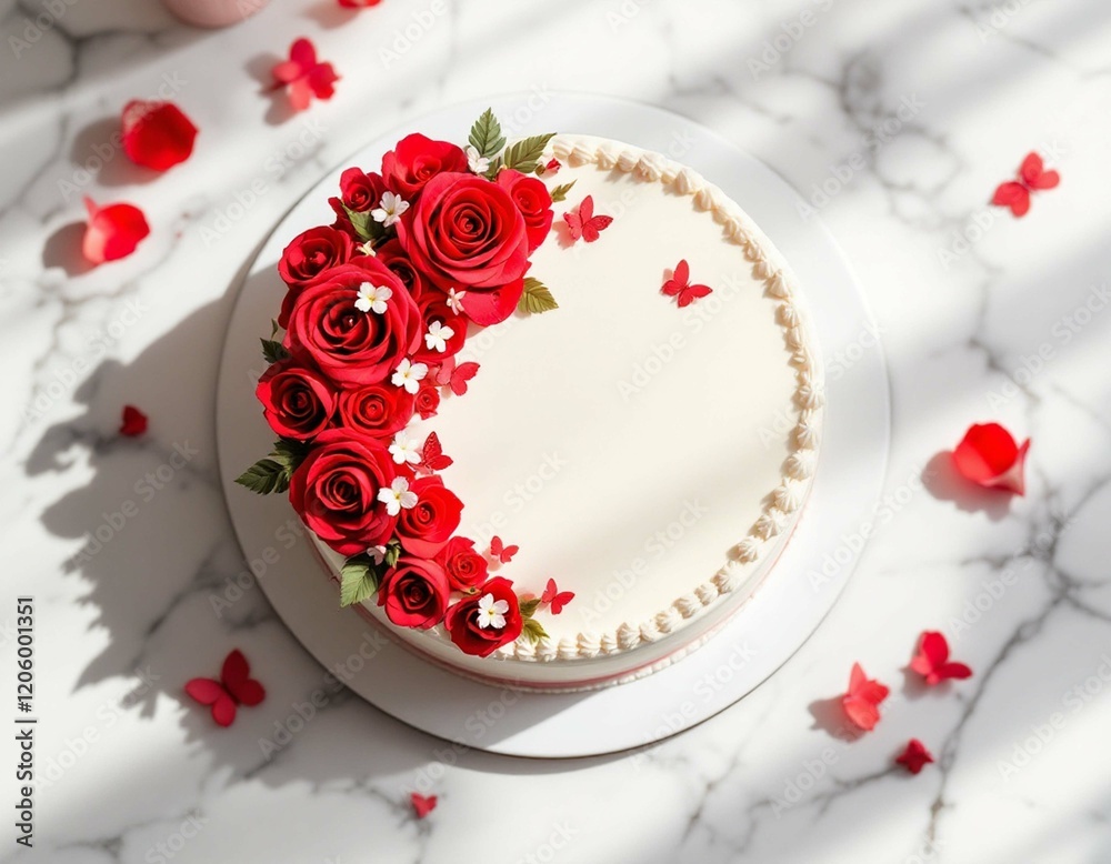 Valentines cake with flowers and butterflies and red rose.