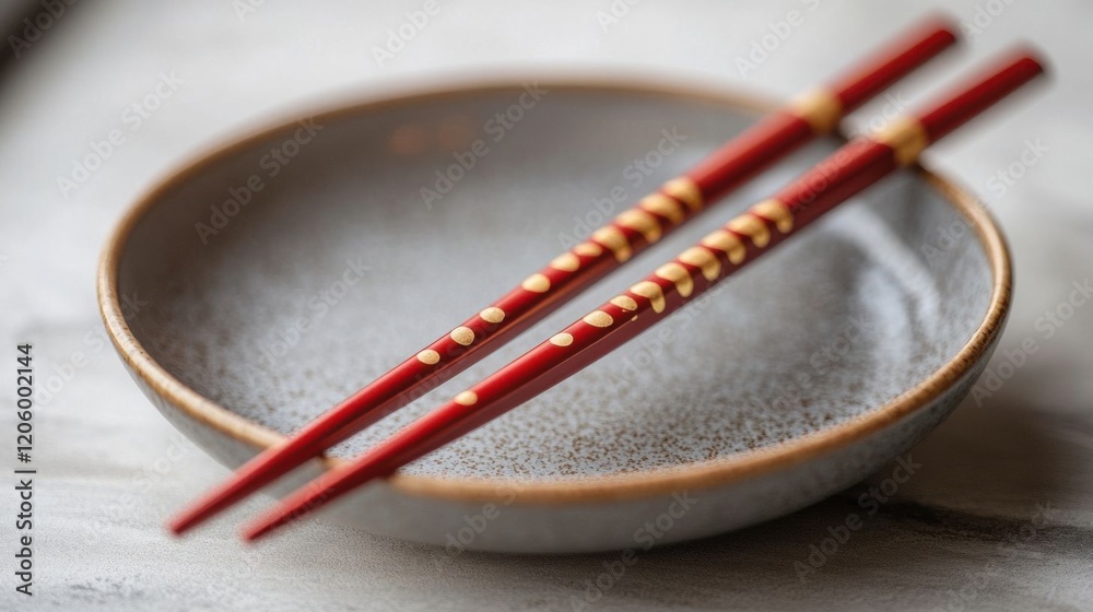 Red and gold chopsticks on plate. Red and gold chopsticks on plate.
