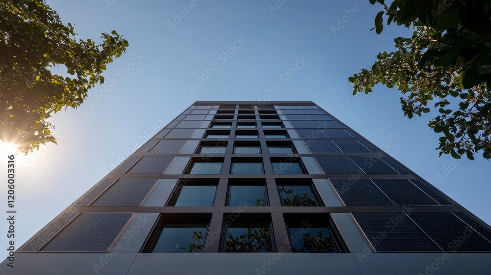 Contemporary office structure features a green glass facade reflecting the blue sky, with solar panels and a landscaped garden promoting sustainability Contemporary office structure features a green glass facade reflecting the blue sky, with solar panels and a landscaped garden promoting sustainability