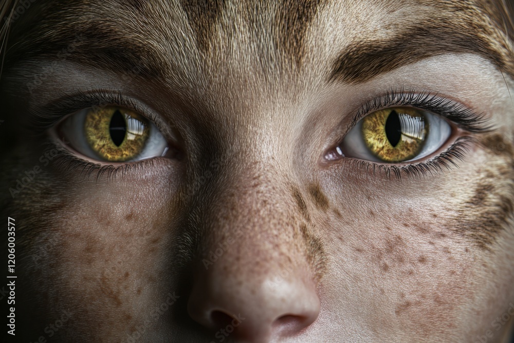 Naklejka premium Woman transforming into wild cat showing golden eyes and fur