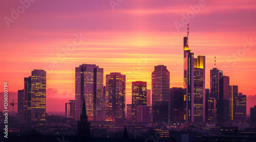 Vibrant City Skyline at Sunset with Modern Architecture and Silhouettes