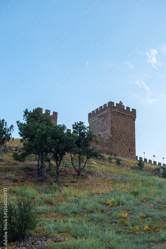 Medieval towers of the consular castle of the Genoese fortress in the city of Sudak. Crimean Peninsula. Russia